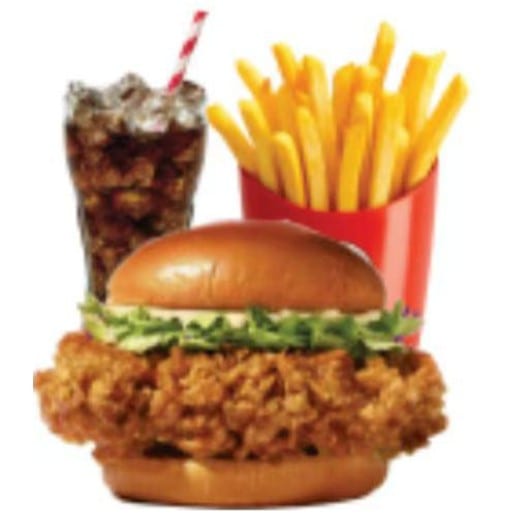 B2. Crispy Chicken Sandwich & French Fries & Soda.