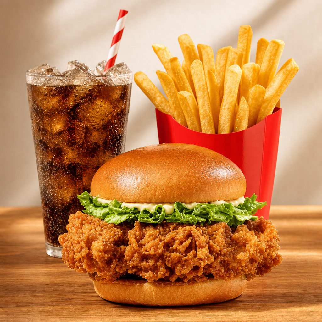 B1. Spicy Chicken Sandwich & French Fries & Soda.