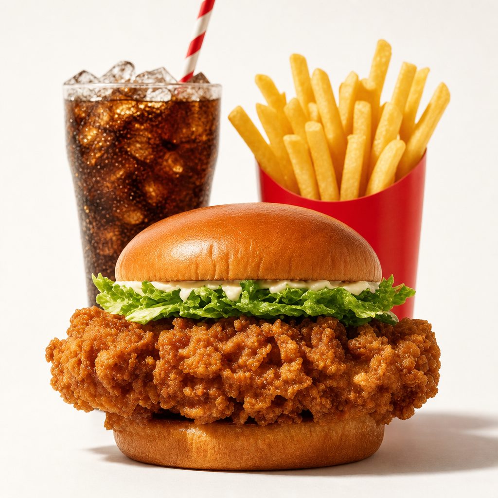 B2. Crispy Chicken Sandwich & French Fries & Soda.